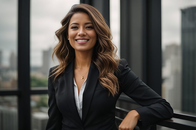 una donna d'affari professionale che sorride con un abito nero in cima all'edificio della città