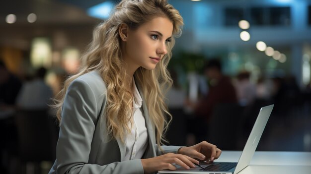 una donna d'affari seduta guarda lo schermo di un laptop