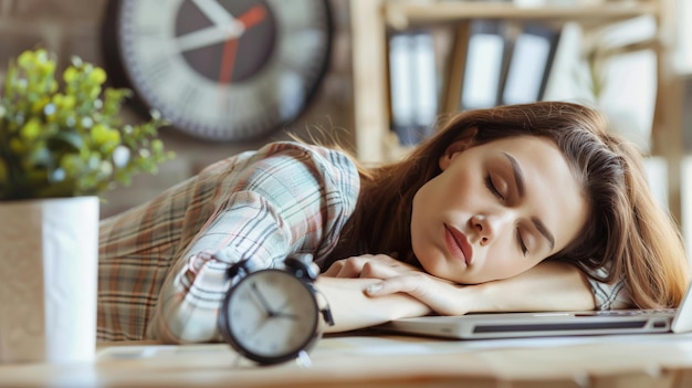 Una donna d'affari stanca che dorme su un portatile con un orologio sullo sfondo
