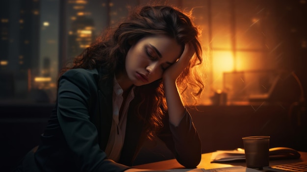 Una donna d'affari stanca che dorme sulla scrivania generata da una rete neurale.