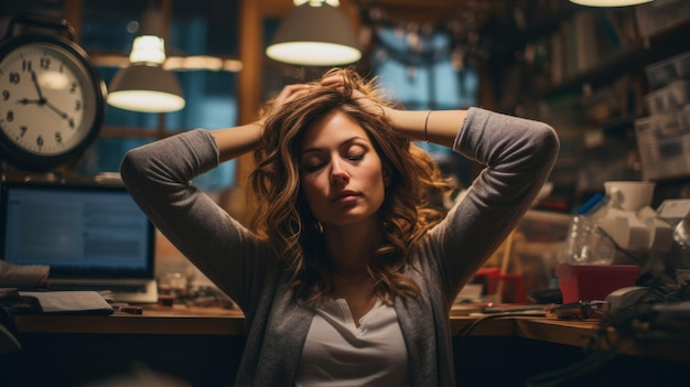 Una donna d'affari stanca che si allunga mentre fa gli straordinari dalla cucina di casa