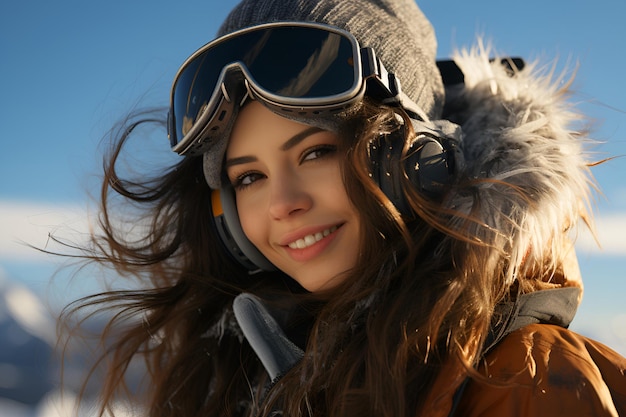 Una donna d'inverno indossa occhiali da sci che emettono eccitazione in mezzo alle pendici innevate in un affascinante resort invernale