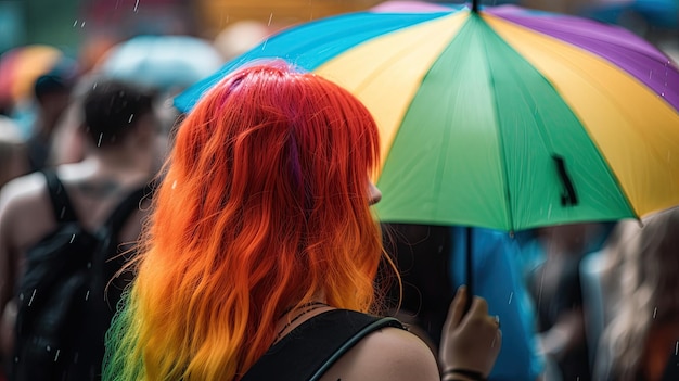 Una donna dai capelli arancioni con in mano un ombrello arcobaleno