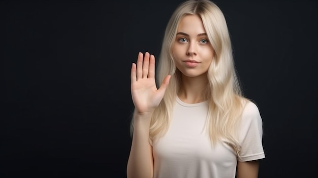 Una donna dai capelli biondi sta agitando la mano.