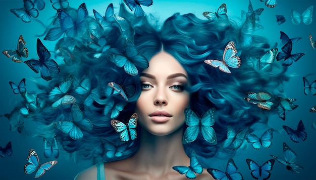 Una donna dai capelli blu con le farfalle in testa