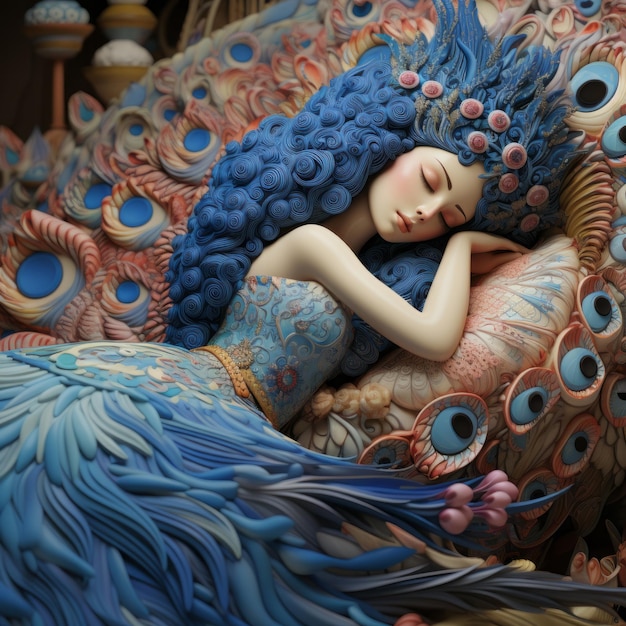 una donna dai capelli blu dorme sopra un pavone