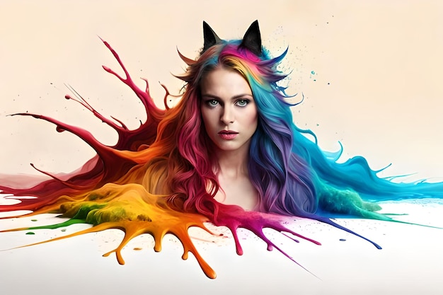 Una donna dai capelli colorati viene mostrata con un arcobaleno dipinto sul viso.