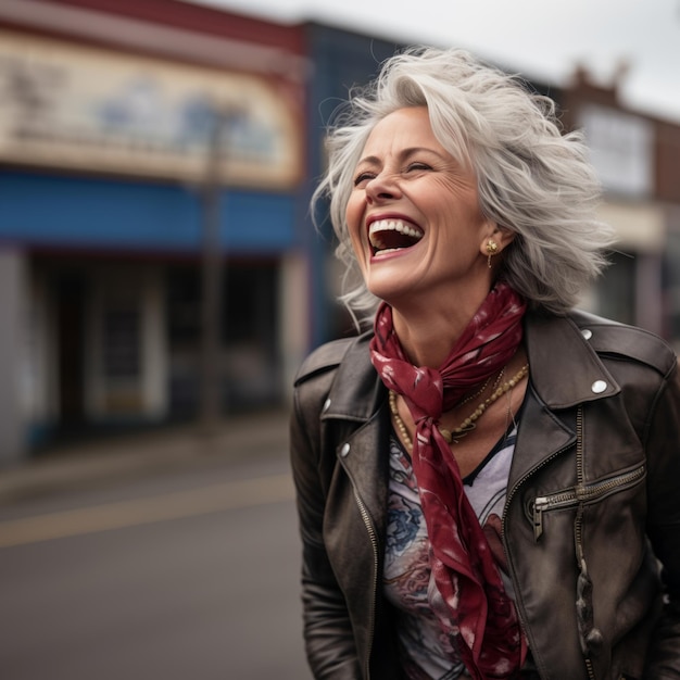 una donna dai capelli grigi di cinquant'anni con questi capelli sorrisi AI generativa