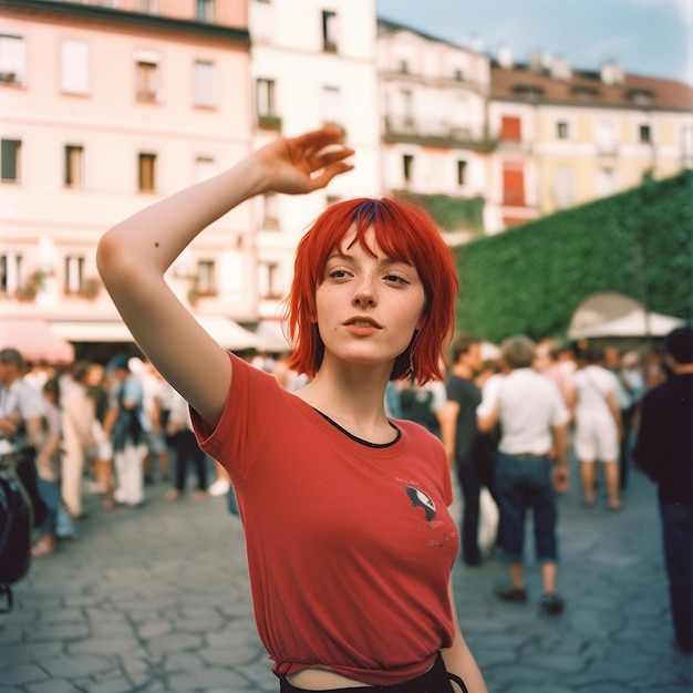 una donna dai capelli rossi è in piedi in una folla di persone.