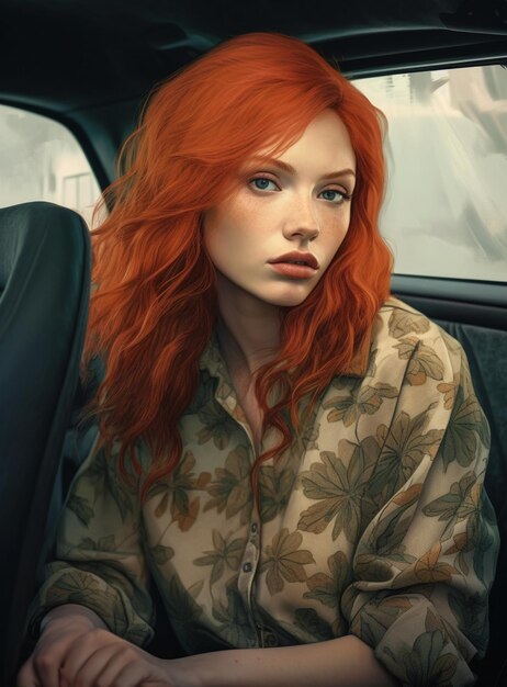 una donna dai capelli rossi si siede in una macchina con una palma verde a sinistra.