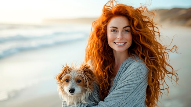 Una donna dai capelli rossi tiene un piccolo cane su una spiaggia