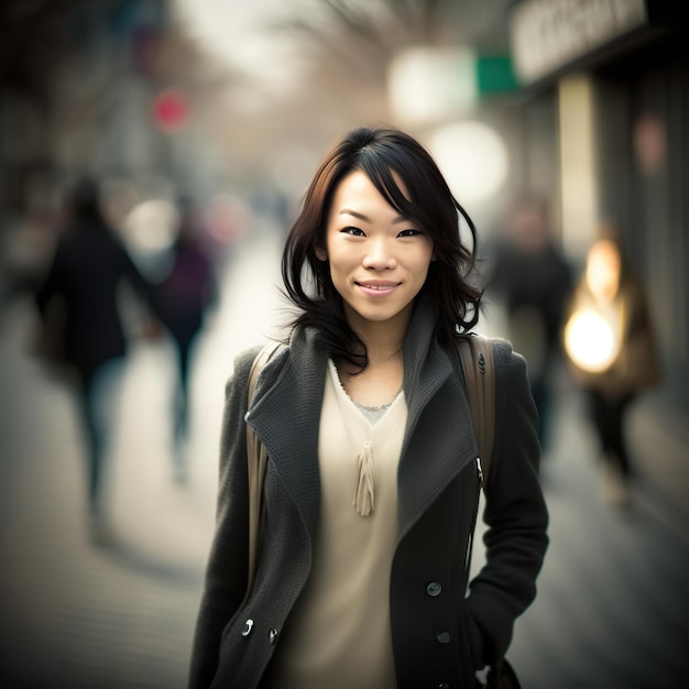 Una donna dai lineamenti asiatici nata in California posa per la macchina fotografica con un sorriso accattivante generato da Ai