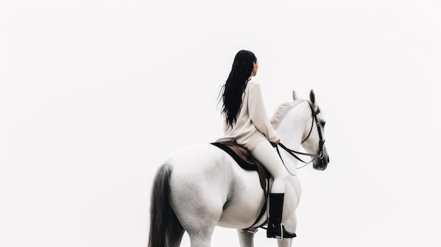 Una donna dai lunghi capelli neri cavalca un cavallo bianco.
