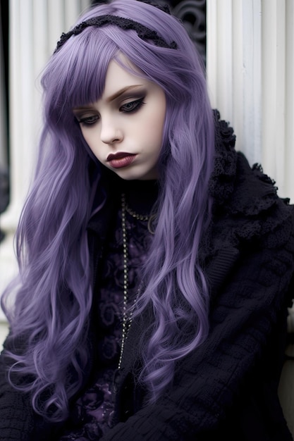 una donna dai lunghi capelli viola