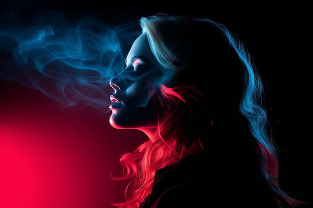 una donna dalla bocca esce fumo rosso e blu