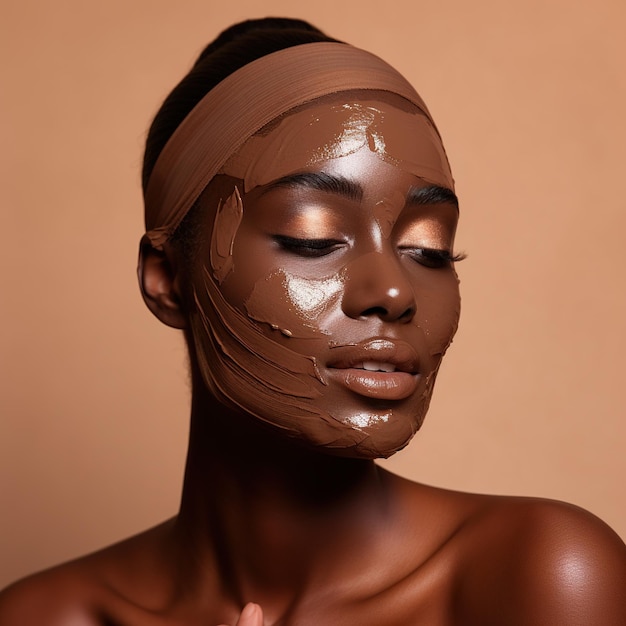 Una donna dalla carnagione scura con la pelle del viso applica una maschera nutriente all'argilla per il ringiovanimento e esegue procedure antirughe isolate su sfondo marrone