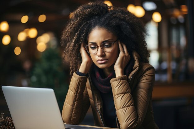 Una donna dalla pelle scura sta lavorando con un laptop, ha chiuso gli occhi e soffre di emicrania