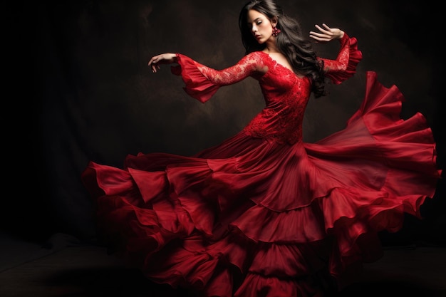 Una donna danza con grazia in un abito rosso vibrante mostrando eleganza e bellezza nei suoi movimenti una ballerina di flamenco in una mossa appassionatamente eseguita generata dall'IA