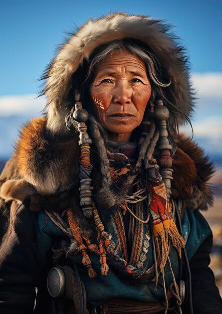 una donna della tribù indossa un cappello di pelliccia