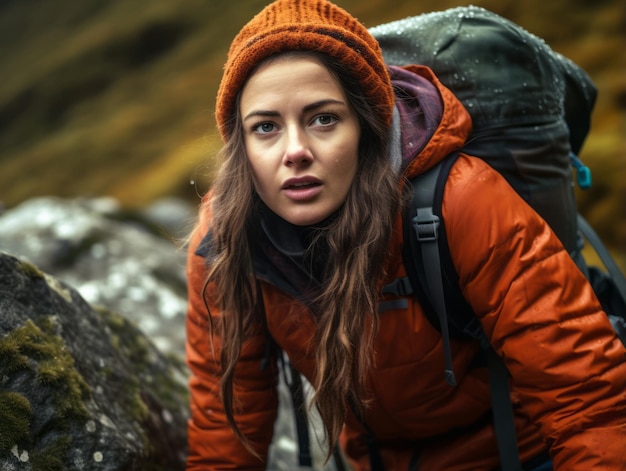 Una donna determinata si arrampica su un ripido sentiero di montagna