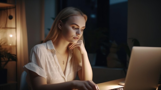 Una donna di 30 anni che lavora gioiosamente sul suo laptop a un tavolo da ufficio dai toni caldi generativa AI AIG21