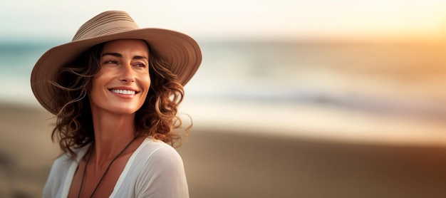 Una donna di 50 anni con un cappello sorride serenamente su una spiaggia