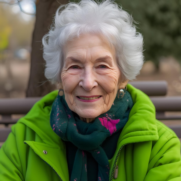 Una donna di 70 anni con una giacca verde brillante e con i capelli corti e ricci, il concetto di tempo dorato di lento
