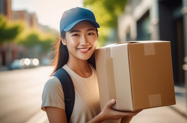 Una donna di consegna asiatica sorridente con un berretto blu che tiene una scatola di cartone sullo sfondo della strada della città