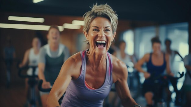 Una donna di mezza età che fa una lezione di spinning in una palestra