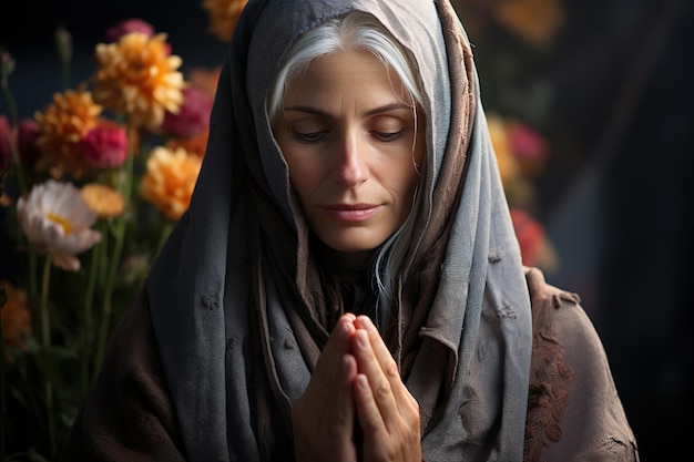 Una donna di mezza età con i capelli grigi prega in una chiesa su uno sfondo di fiori Generazione AI