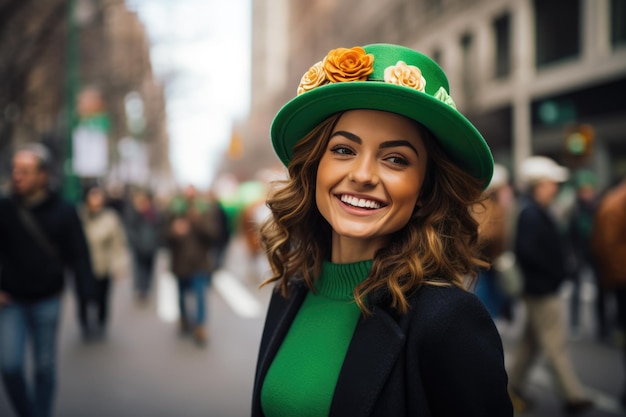 Una donna diffonde la felicità per la strada della città vestita con abiti di leprechaun e un cappello per il giorno di San Patrizio39 il suo sorriso contagioso trasforma l'ambientazione urbana in una vivace celebrazione