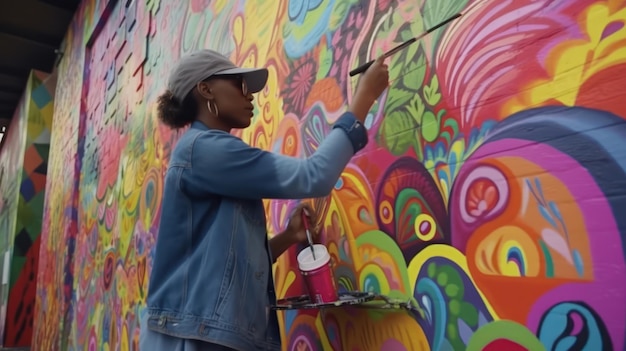 Una donna dipinge un murale nel quartiere.