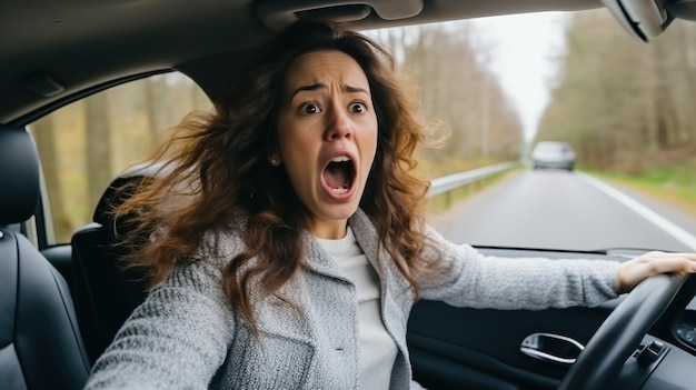 una donna divertente disperata ed esausta guida un'auto e ha problemi