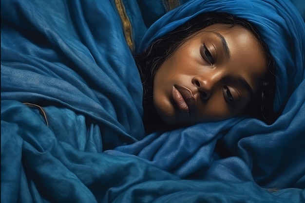 Una donna dorme in una coperta blu con sopra la parola amore.