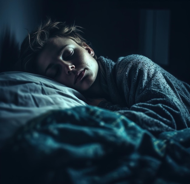 Una donna dorme in una stanza buia con una coperta blu sulla testa e le parole "dormire" sul fondo.