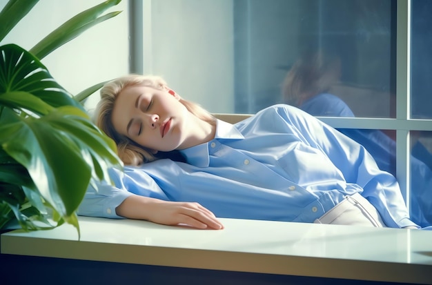 Una donna dorme su una scrivania con una camicia blu