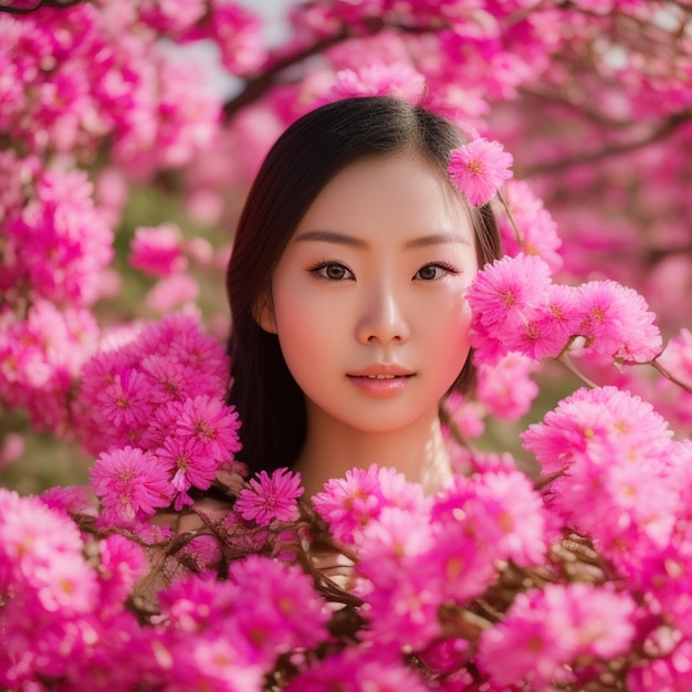 Una donna è circondata da fiori rosa