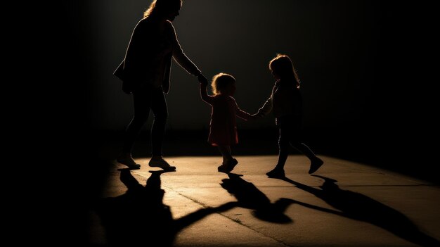 Una donna e due bambini camminano su uno sfondo scuro.