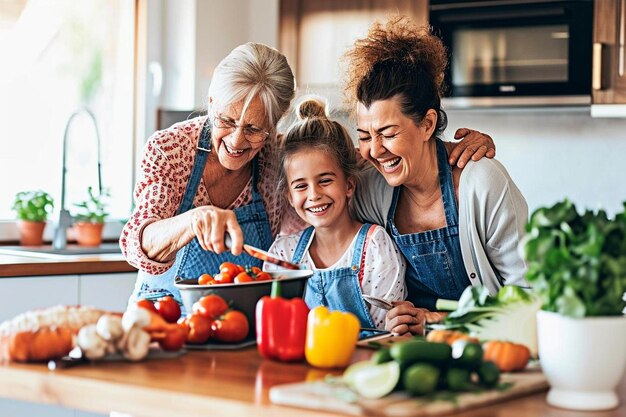 una donna e due ragazze stanno preparando un pasto insieme