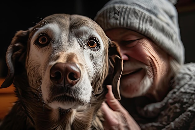 Una donna e il suo cane guardano la telecamera Generative Ai