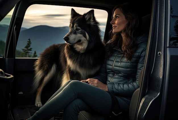 una donna e il suo cane seduti fuori dal loro veicolo a motore nello stile di panorami montuosi