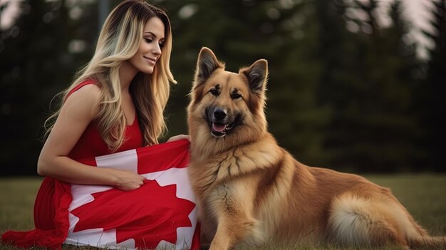 Una donna e il suo cane sono seduti sull'erba con una bandiera canadese sul retro