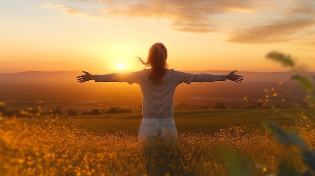 Una donna è in piedi in un campo con le braccia tese, il sole sta tramontando.