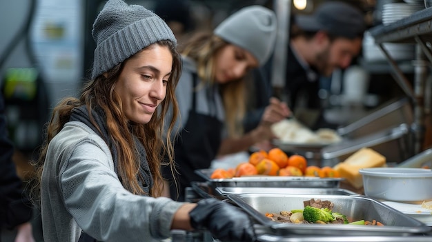 una donna è in piedi in una cucina a preparare il cibo