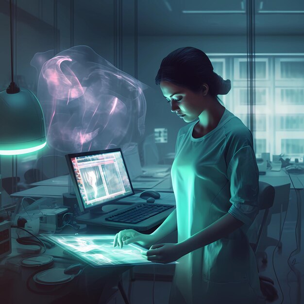 Una donna è in piedi in una stanza buia con un grande schermo che dice "fantasma".