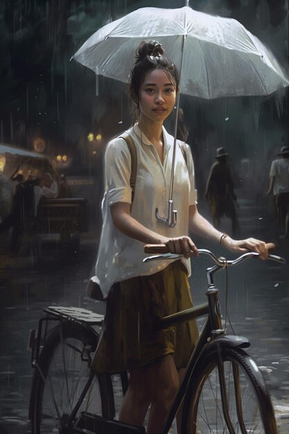 Una donna è in piedi sotto la pioggia con un ombrello.