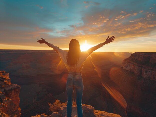 Una donna è in piedi sulla cima di una montagna con le braccia estese e il sole che splende su di lei concetto di libertà e gioia come la donna sta abbracciando la bellezza della natura e il calore del sole