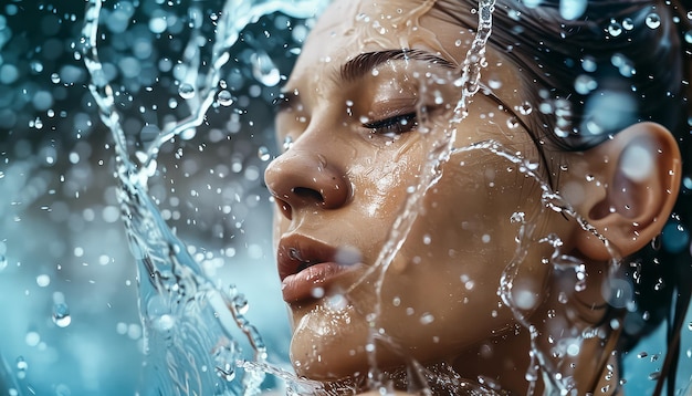 Una donna è in una pozza d'acqua e l'acqua le spruzza intorno al viso.