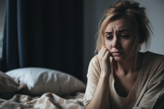 Una donna è sdraiata a letto e guarda la telecamera.