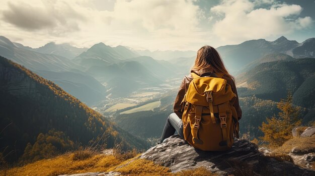 Una donna è seduta a riposare in cima a una montagna vista da dietro un generativo